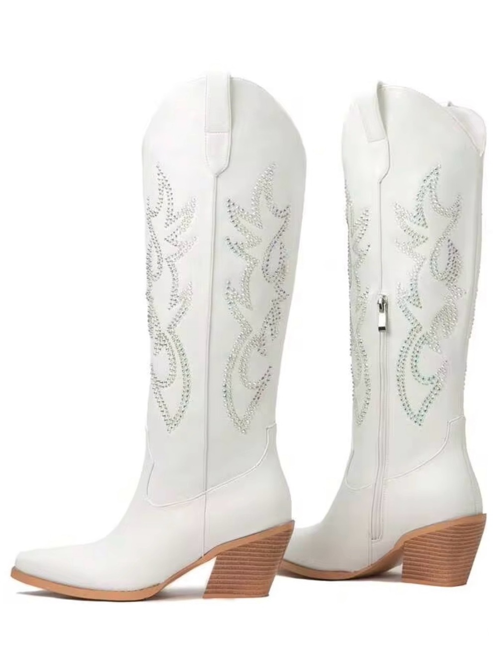 White Women Wide Calf Knee High Cowgirl Boots with Rhinestones